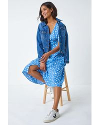Roman - Polka Dot Ruched Sleeve Midi Dress - Lyst
