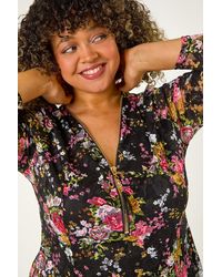 Roman Curve - Floral Print V-Neck Zip Front Top - Lyst