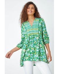 Roman - Cotton Abstract Floral V-Neck Ladder Trim Top - Lyst