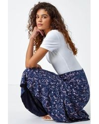 Roman - Floral Print Elastic Waist Midi Stretch Skirt - Lyst