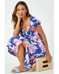 Roman - Floral Print Tie Detail Midi Dress - Lyst