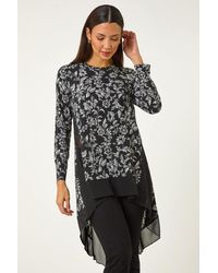 Roman - Floral Puff Print Chiffon Hem Top - Lyst