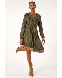 Roman - Ditsy Lace Trim V-Neck Frill Dress - Lyst