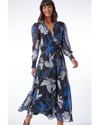 Roman - Floral Print Chiffon Wrap Midi Dress - Lyst