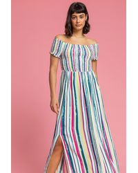 Roman - Shirred Stripe Print Bardot Dress - Lyst