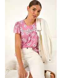 Roman - Floral Print Ladder Trim Stretch Top - Lyst