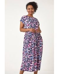 Roman Petite - Floral Print Gathered Midi Dress - Lyst