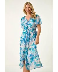 Roman Petite - Abstract Print Ruched Midi Dress - Lyst