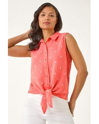Roman - Embroidered Tie Front Blouse - Lyst