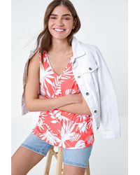 Roman - Sleeveless V-Neck Palm Print Button Cami Top - Lyst