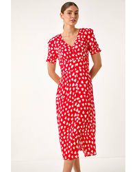 Roman - Heart Print Ruched Midi Dress - Lyst