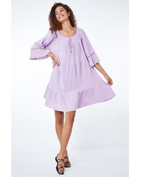 Roman - Tiered Cotton Tie Detail Smock Dress - Lyst