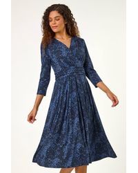 Roman - Animal Print Mock Wrap Midi Dress - Lyst