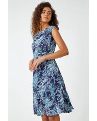 Roman - Textured Floral Print Ruched Dress - Lyst