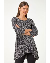 Roman - Leaf Print Asymmetric Tunic Stretch Top - Lyst