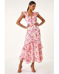 Roman - Floral Print Chiffon V-Neck Midi Dress - Lyst