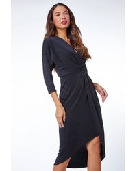 Roman - Glitter Stretch Twist Front Ruched Wrap Dress - Lyst