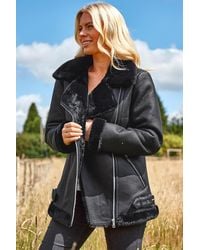 Roman - Faux Fur Lined Zip Detail Belted Biker Aviator Jacket - Lyst