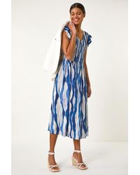 Roman - Wave Print Shirred Midi Dress - Lyst