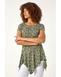 Roman - Leaf Print Hanky Hem Stretch Top - Lyst