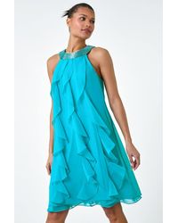 Roman - Embellished Collar Frilled Chiffon Dress - Lyst