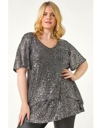Roman Curve - Sequin Overlay Flute Sleeve Top - Lyst