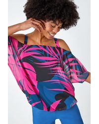Roman - Leaf Print Cold Shoulder Chiffon Top - Lyst