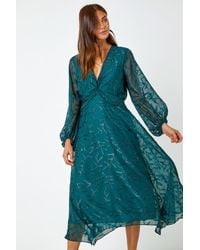 Roman - Floral Textured Twist Front Chiffon Midi Dress - Lyst