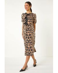 Roman - Animal Print Tie Detail Midi Dress - Lyst