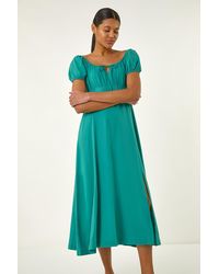 Roman - Puff Sleeve Linen Mix Midi Dress - Lyst