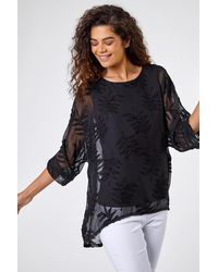 Roman - Leaf Burnout Print Chiffon Overlay Top - Lyst