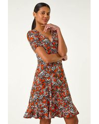 Roman - Floral Print V-Neck Wrap Stretch Dress - Lyst