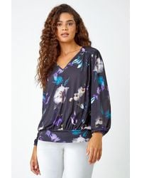 Roman - Floral Print V-Neck Blouson Stretch Top - Lyst