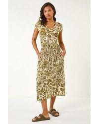 Roman - Floral Print Ruched Stretch Midi Dress - Lyst
