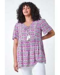 Roman Curve - Tie Front V-Neck Boho Printed Top - Lyst