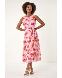 Roman - Floral Pleated Chiffon Midi Dress - Lyst