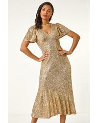 Roman - Sequin Frill Hem Midi Dress - Lyst