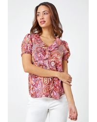 Roman - Paisley Print V-Neck Ruffle Front Top - Lyst