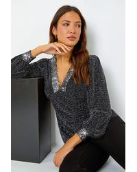 Roman - Sequin Trim Shimmer Stretch Top - Lyst