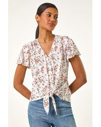 Roman - Floral Buttoned Tie Hem Top - Lyst