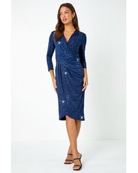 Roman - Floral Glitter Print Wrap Stretch Dress - Lyst