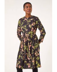 Roman - Floral Print Ribbed Gathered Waist Stretch Dress - Lyst