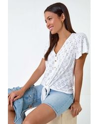 Roman - V-Neck Broderie Stretch Jersey Tie Front Top - Lyst