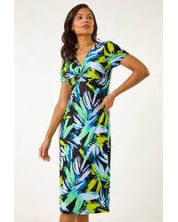 Roman - Leaf Print Twist Front Midi Dress - Lyst