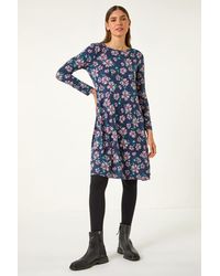 Roman - Floral Print Swing Stretch Midi Dress - Lyst