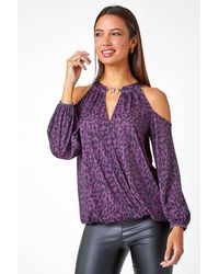 Roman - Animal Print Cold Shoulder Stretch Top - Lyst