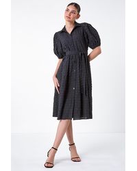 Roman - Textured Puff Sleeve Midi Shirt Dress - Lyst