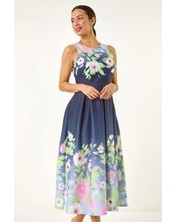 Roman - Floral Print Border Premium Stretch Midi Dress - Lyst