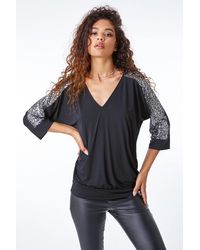 Roman - Sequin Trim Stretch Jersey Top - Lyst