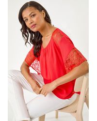 Roman - Gathered Lace Insert Sleeve Top - Lyst